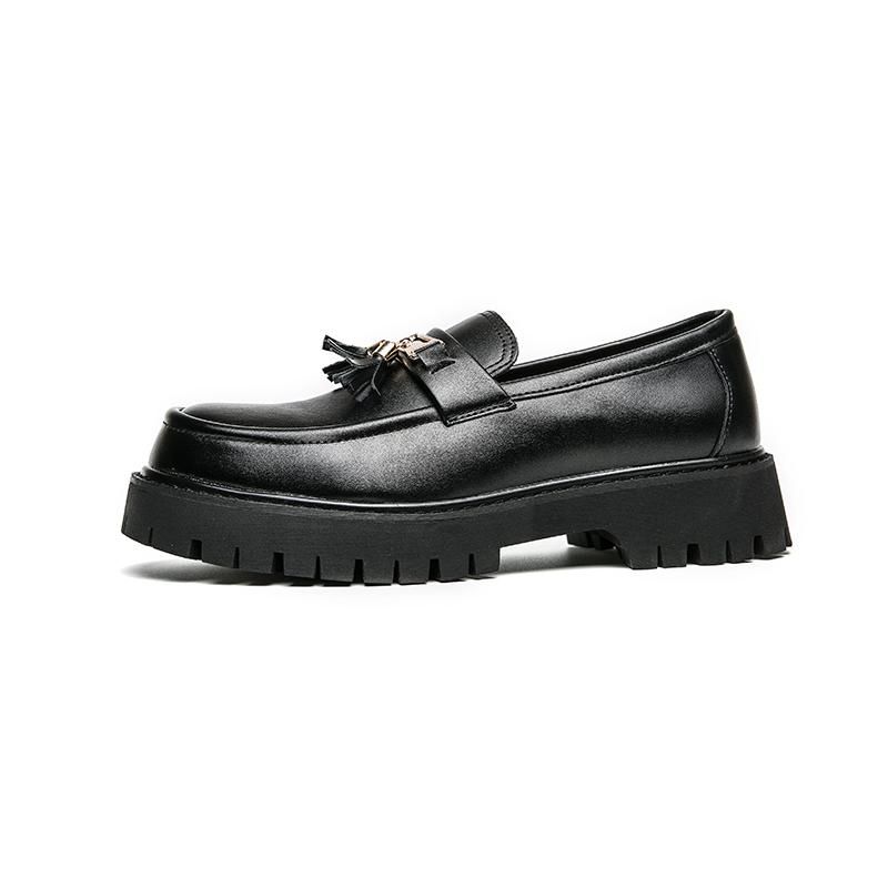 Black Loafers Chunky Loafers For Men Leather Platform Shoes Round Toe