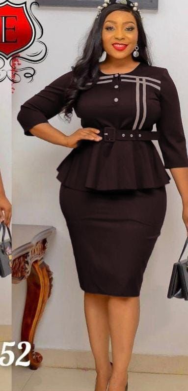 Turkey Sides Stripes Peplum Skirt Suit With 3/4 Sleeve- Brown