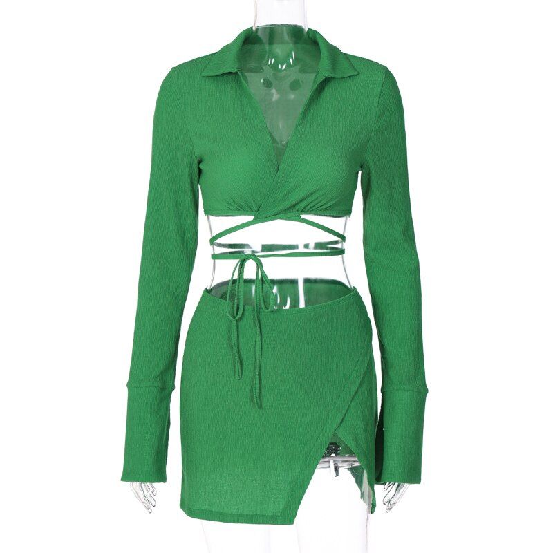 Summer 2 Two Piece Sets Womens Outfit Long Sleeve Crop Top And Mini-Green