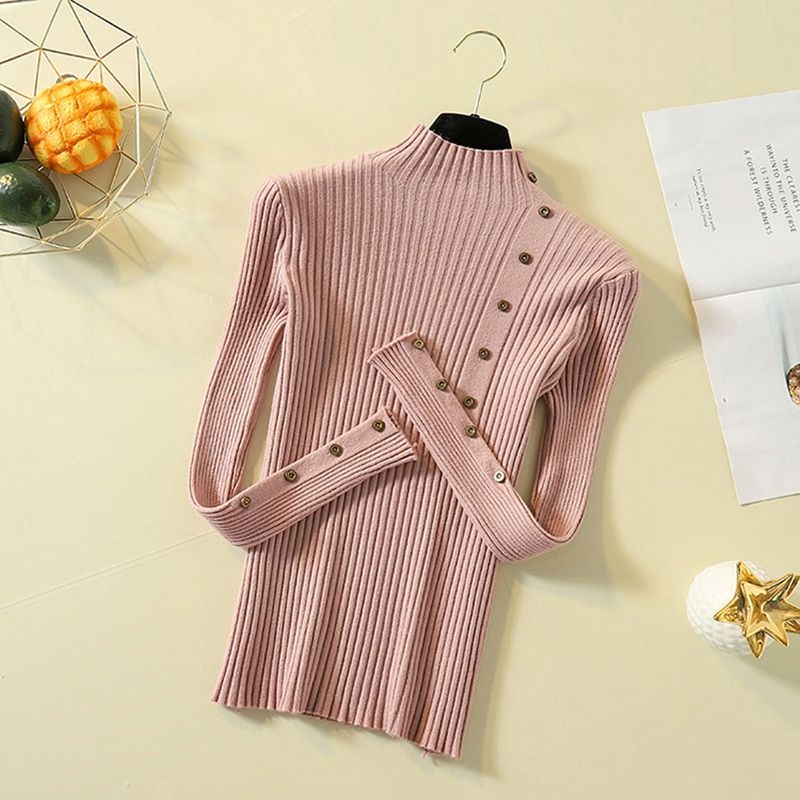 Turtleneck Slim Fit Button Decor Pullover Knitwear Autumn Winter Women Turtle Neck Knit Sweater Casual Long Sleeve Jumper Tops(#Pink)