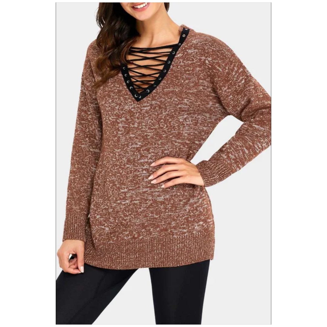 R Brown Criss V Neck Sweater