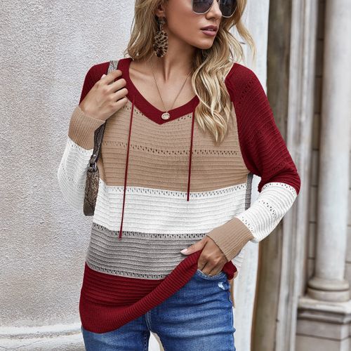 Women Long Sleeve Contrasting Color Loose Hollow Knit Hooded Sweater-Red