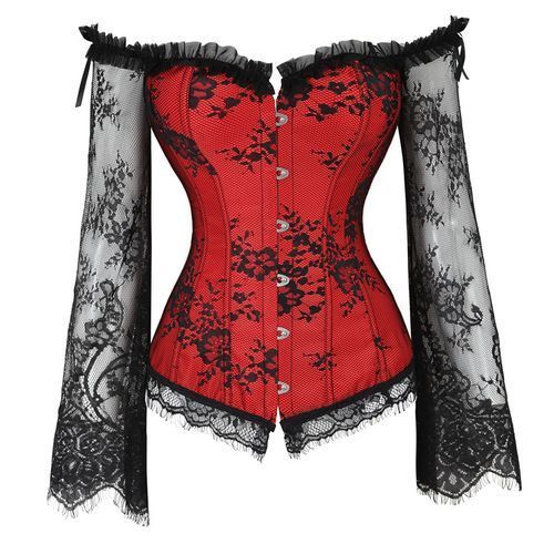 Red Corset Top Waist Shaper Lace Women Steampunk Sexy Long Sleeve Plus Size