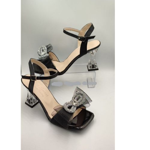 Ladies Open Toe Block Bow Sandals- Black