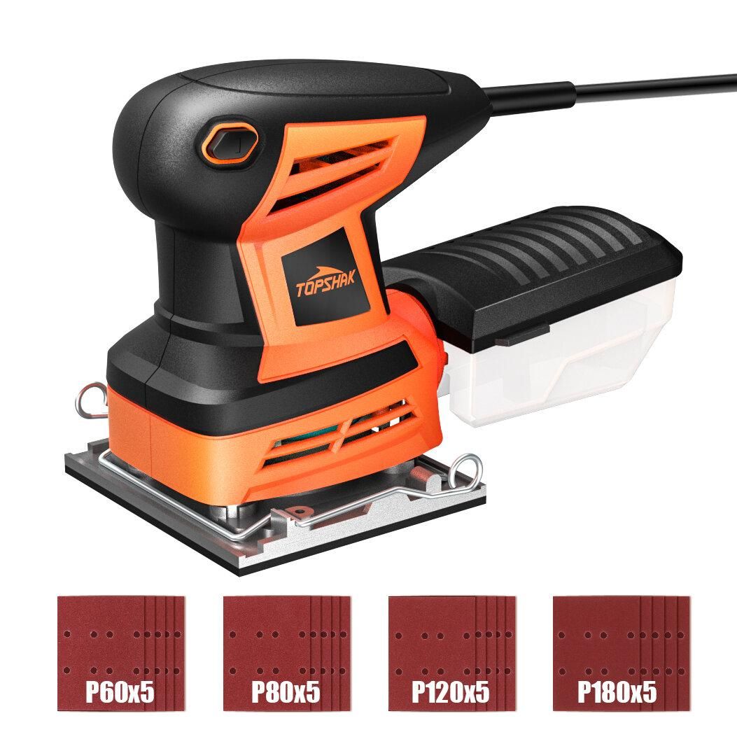 TOPSHAK TS-SD6 260W Electric Palm Sander Hand Sander with 20Pcs Sandpapers Hand Held Sander Dust Collection Box EU/US Plug