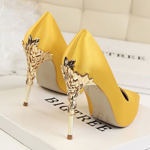 Ladies Heels Metallic Carved Suede Bride Sandals Yellow