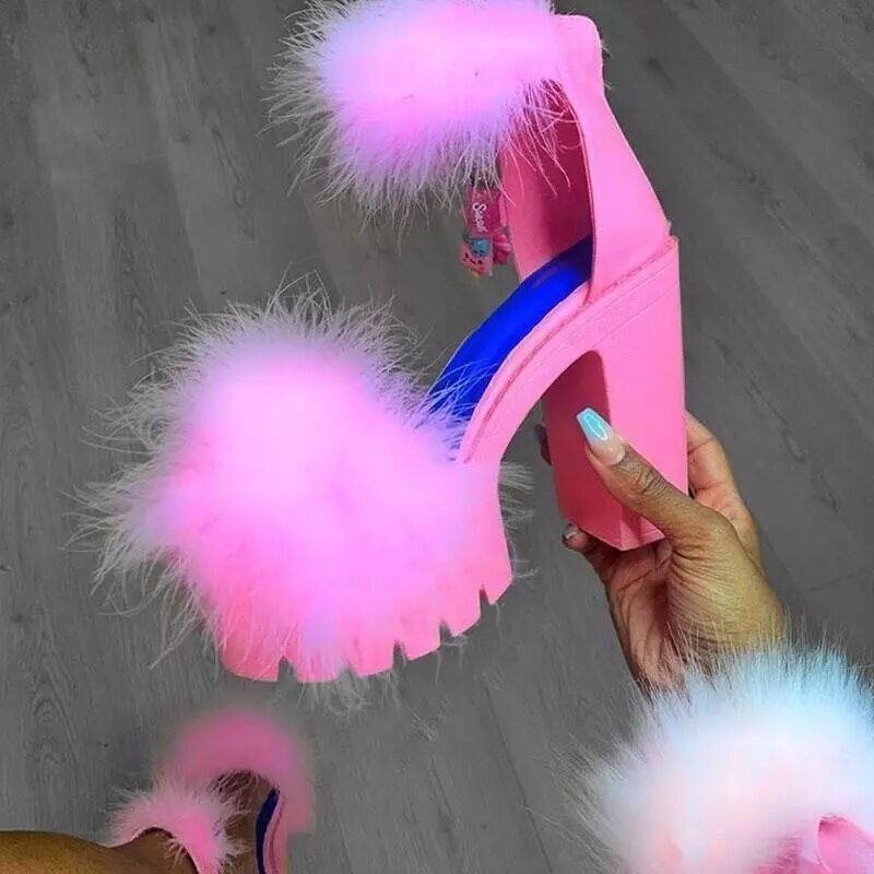 (Pink)Woman Furry Sandals High Heels With Fur Female Platform Pumps Women Ankle Strap Women's  JIN