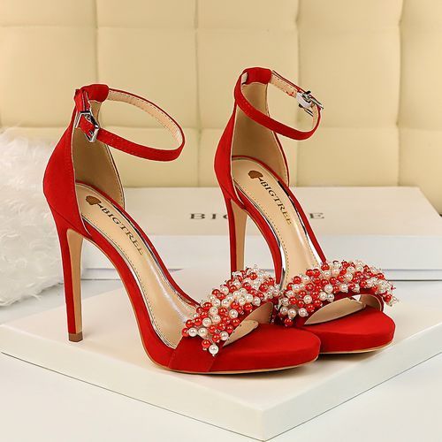 Women's Heel Word Band Pearl Crystal Suede Sexy Sandals Red