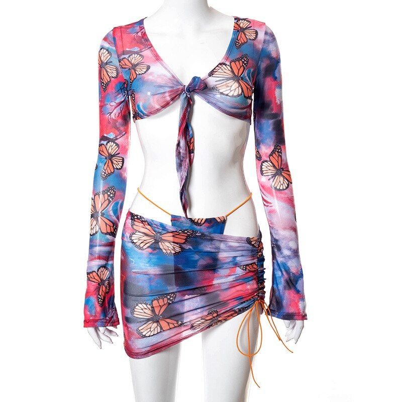 Peachtan Long Sleeves Bikini Set Print Swimwear Female Skirts 3 Pieces Swimsuit