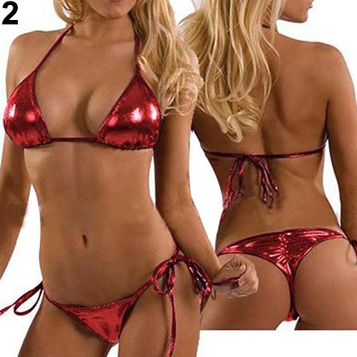 (Red M)Women's Fashion Metallic Bikini Top + Bottom Beachwear  Wear  Triangle