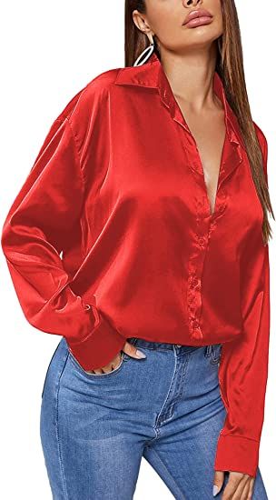 Satin Button Down Women Ladies Long Sleeve  Work Shirt Top- Red