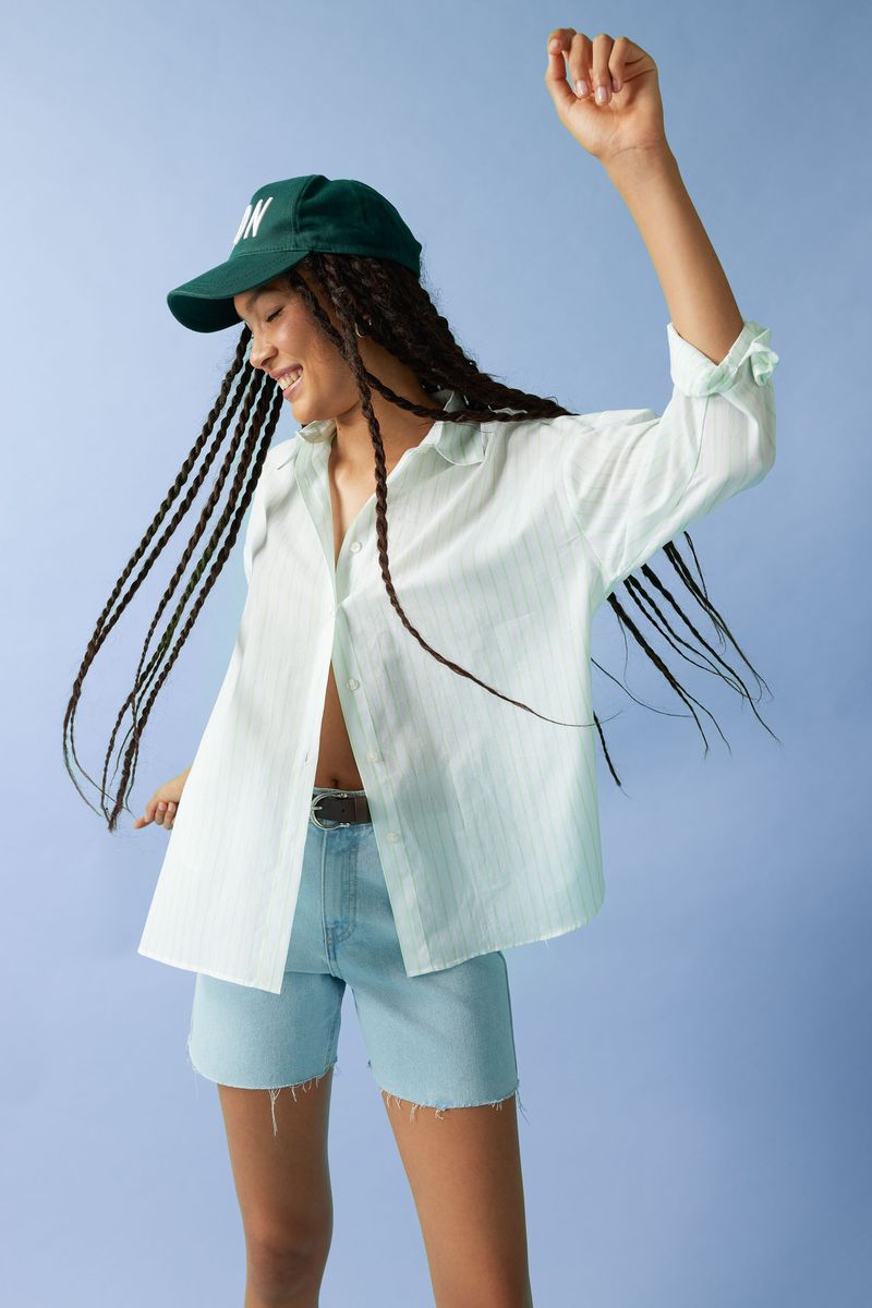 Woman Young Oversize Fit Shirt Neck Woven Long Sleeve Shirt - Green