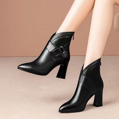 Women High Heel Ankle Boots Lady Leather Zipper Bootie Shoes