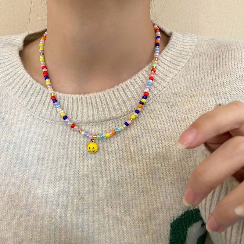 Multi Colour Rice Bead Smiley Face Choker Necklace