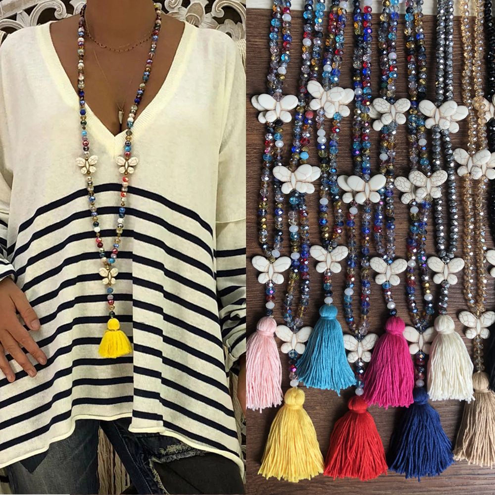 Bohemian Butterfly Tassel Pendant Necklace Ethnic Handmade