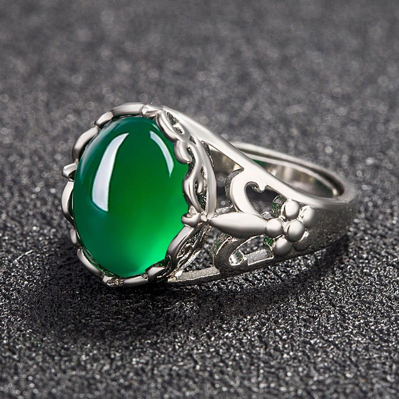Women Green Agate Silver Rings Adjustable Gemstone Jade Men