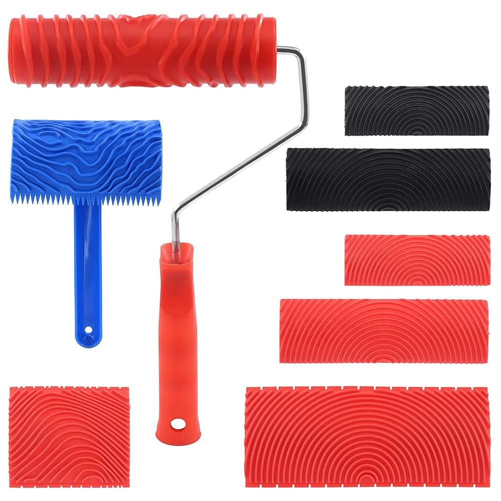 8 Pcs Wood Graining Painting Tool Set Rubber Empaistic Grain Pattern Roller with Handle for DIY Wall Room Decoration