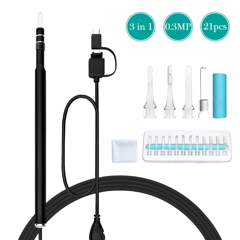 3-in-1 USB Ear Cleaning Earpick Endoscope LED Light Multifunctional Borescope Inspection Camera 0.3MP Visual Ear Spoon Health Care Cleaning Tool Earwax Clear Remover Tools Ear Cleaner for OTG Android Micro USB PC