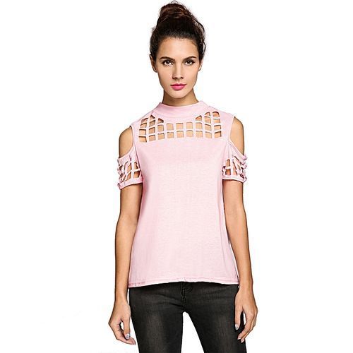 Women Casual Short Sleeve O Neck Solid Cold Shoulder Split Back Loose Pullover Sexy T-Shirt-pink
