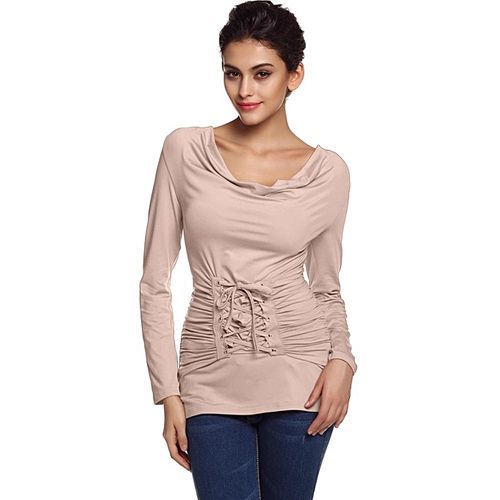 Stylish Ladies Round Neck Long Sleeve Slim Ruched Drape Outwear Casual Top Blouse-Beige
