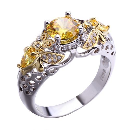 Female Ring 925 Silver Plated Yellow Diamond Accessories Bee Zircon Hollow Rings