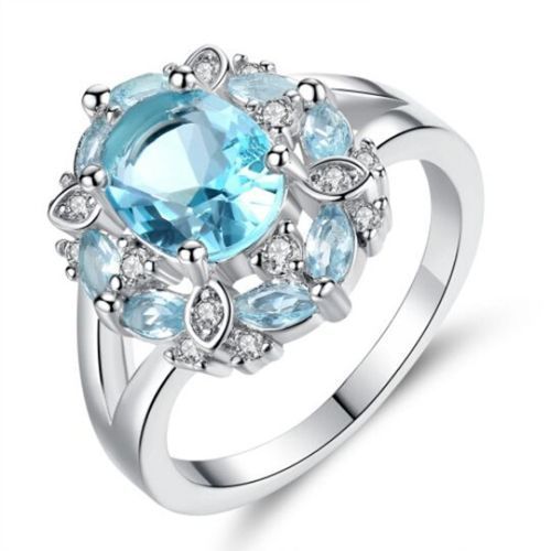 Ladies Party Gemstone Ring Geometric Personality Shiny Finger Jewelry Light Blue
