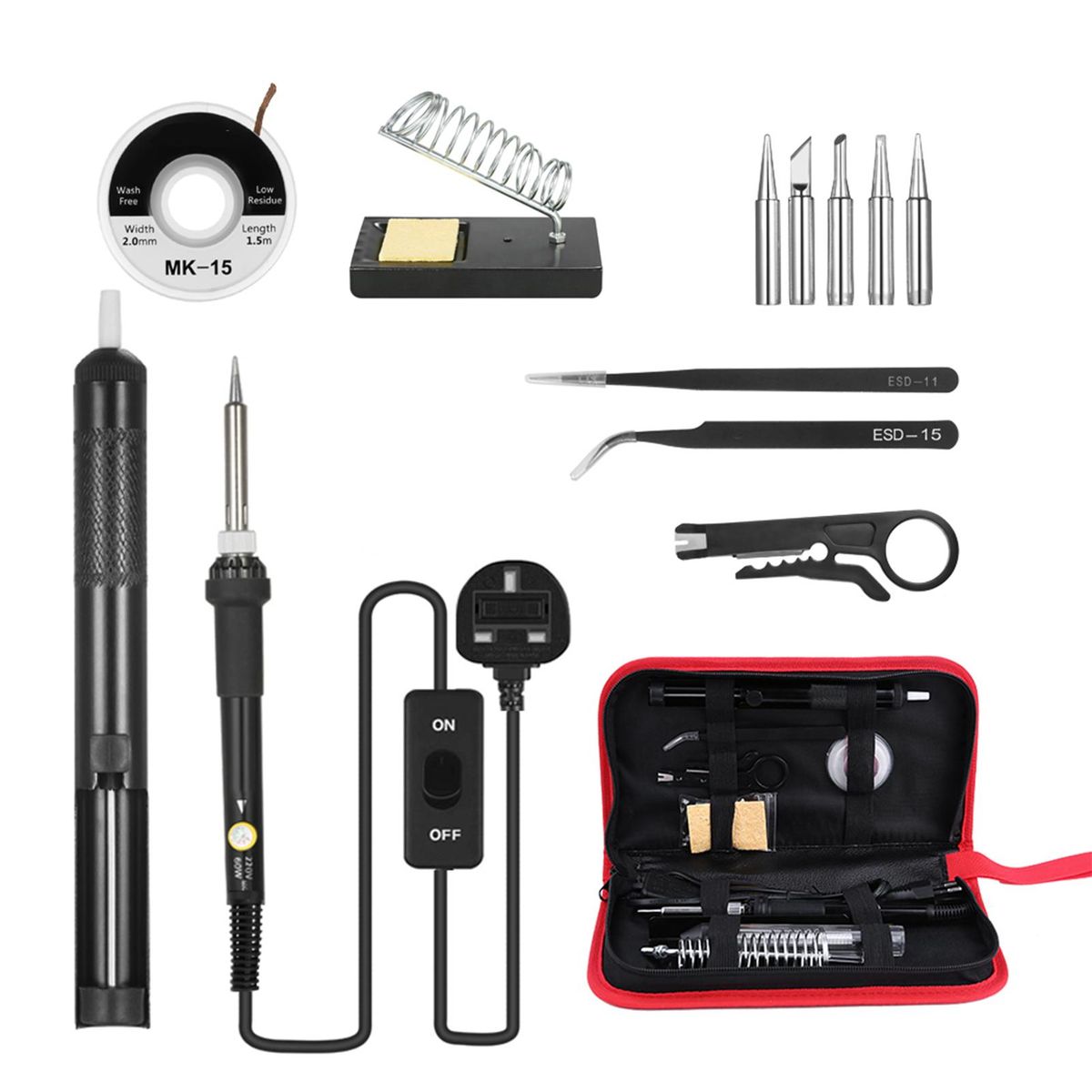 13 in 1 Soldering Iron Kit 60W Adjustable Temperature Welding Soldering Iron with ON/OFF Switch 5pcs Soldering Tips Solder Sucker Desoldering Wick Anti-static Tweezers Iron Stand with Cleaning Sponge Zipper Tool Pouch Organiz