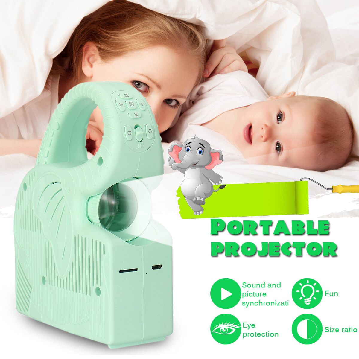 720P 80 Inch Portable Children Projector Elephant Projector With 2000Mah USB Charging Pluggable TF Card Early Childhood Education Projector Home Theater Video Player Gree