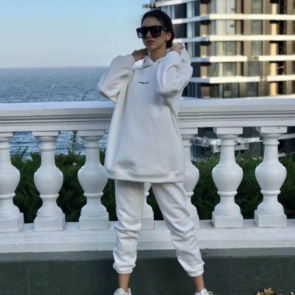 (WHITE)2021 Sport Wear Hoodies Women Streetwear Two Piece Set Tracksuit Outerwear Pullover Suits Fashion Outfits Ropa Mujer Invierno GRE