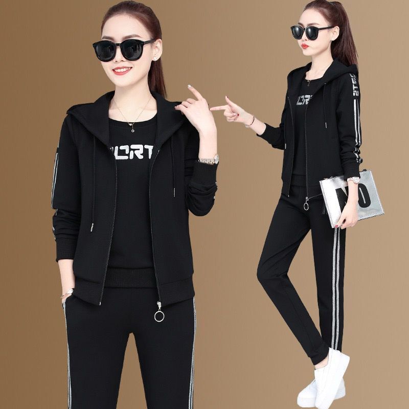 (black)Fashion Tracksuit 3 Piece Sets Women Spring Autumn Casual Loose Sleeveless Hooded Vest Jacket Tops Sweatpants Jogging Sweat Suit GRE