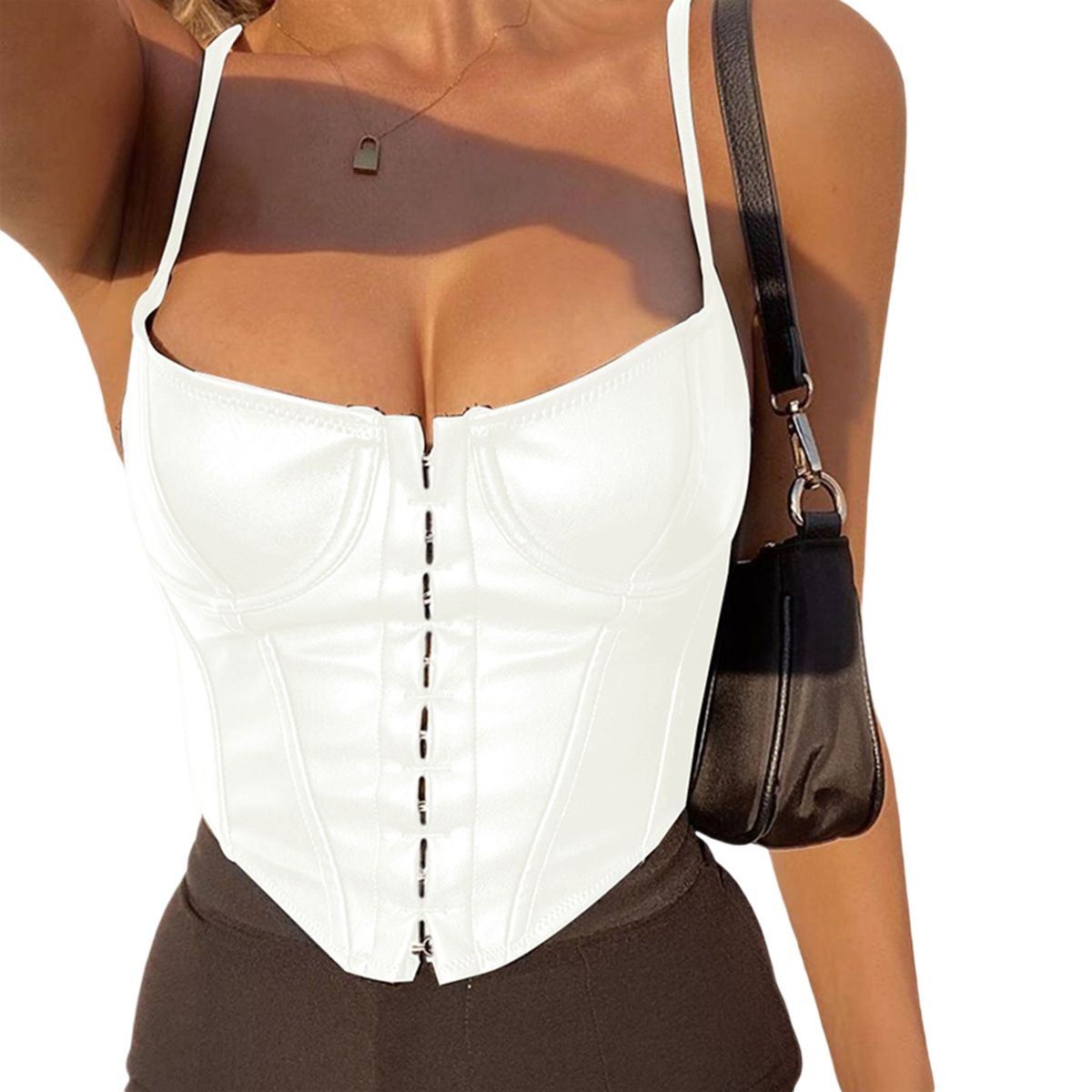 (White)Women's Corset  Black PU Leather Bustier Crop Top Summer Low-cut Slim Camis Fashion Lady Sleeveless Strap Camis Clubwear WEF