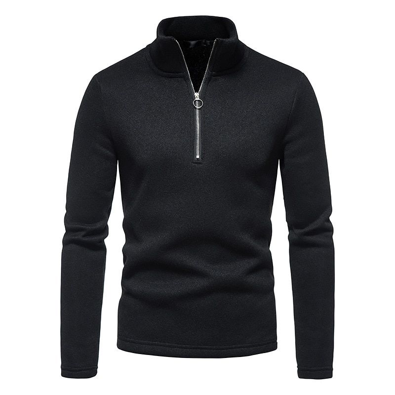 Warm Men's Long Sleeve Sweater Fashion Stand Collar Zipper-Black