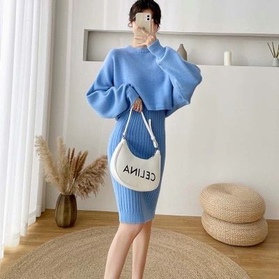 Autumn Winter Sweater Dress Two Piece Women Fashion Office Ladies-Blue