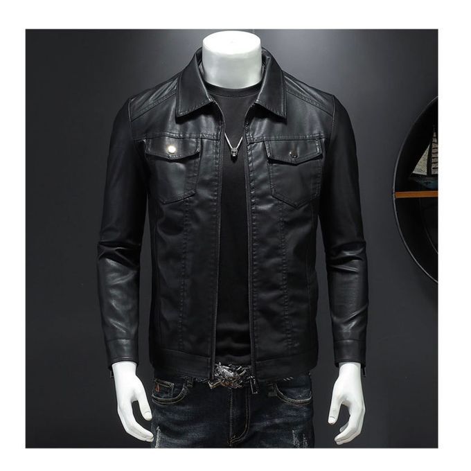 Men's Casual Faux Leather Comfort Plain Jacket - Black