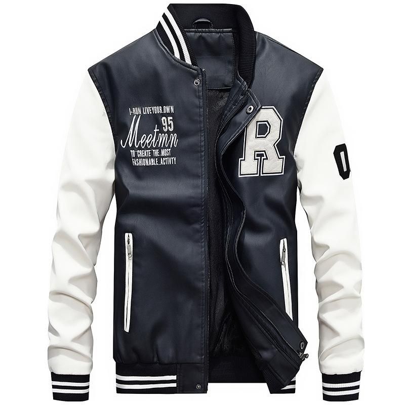 Men's Jacket Faux Leather  Casual Bomber Jacket - Blue