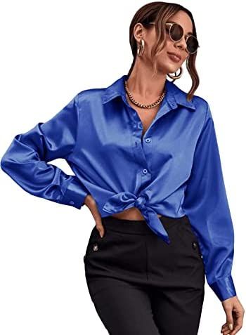 Royal Blue Button Down Satin Silk Shirt Long Sleeve Ladies Women Top Blouse