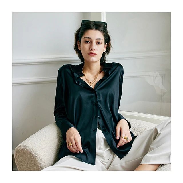 Women's Satin Silk Button Down Ladies Long Sleeve Simple Formal Casual Shirt Top Black