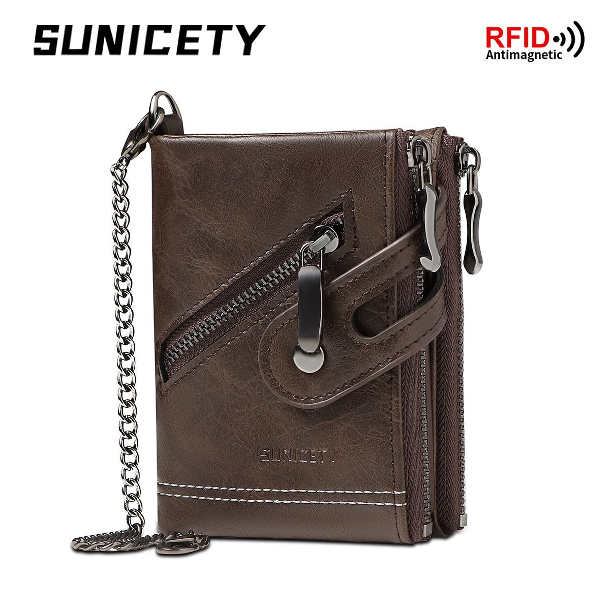 Men's Coin Wallet Keychain Zipper Wallet With Chain-Coffee