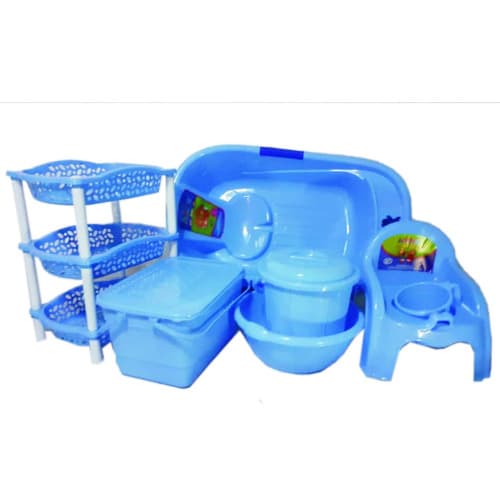 Baby Bath Set - 7pcs + 3 Tiers Plastic Trolley - Blue