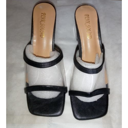 Ladies Transparent Leather With Crystals Heels Slippers - Black