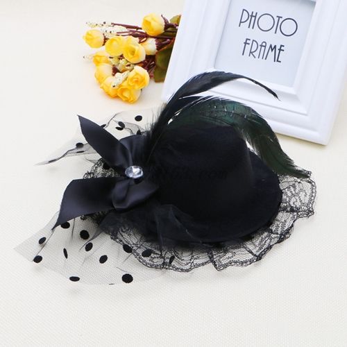 （black）Bow Hair Clip Lace Feather Mini Top Hat Fascinator Burlesque Party Fancy Dress RA RA
