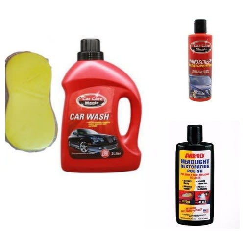 Car Wash Liquid 2L + Windscreen Washer + Headlight Restoration Polish & Sponge