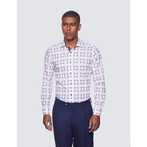 Low Collar Check Slim Fit Shirt - White & Red