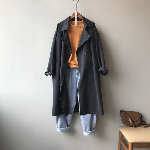 Ladies Loose Solid Color Lapel Long-sleeved Mid-length Windbreaker Jacket - Navy Blue