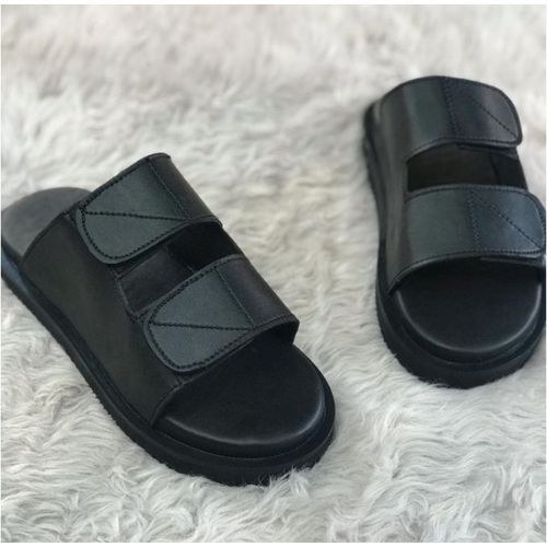 Black Covered Slip-on Pam Slippers- With Centre Openings