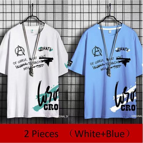 2 Pieces Blue+White Men's T-shirt M-5XL Large Size Shirt Clothes Casual