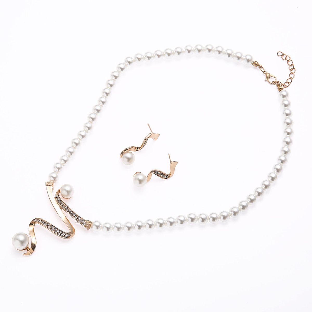 Fashionable Zinc Alloy Crystal Simulated Pearl Pendant Necklace with 1 Pair of Earrings Charm Jewelry Set for Women Girls Wedding Party Gift