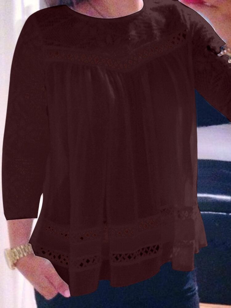 Lace Panel Hollow Crew Neck Blouse For Women