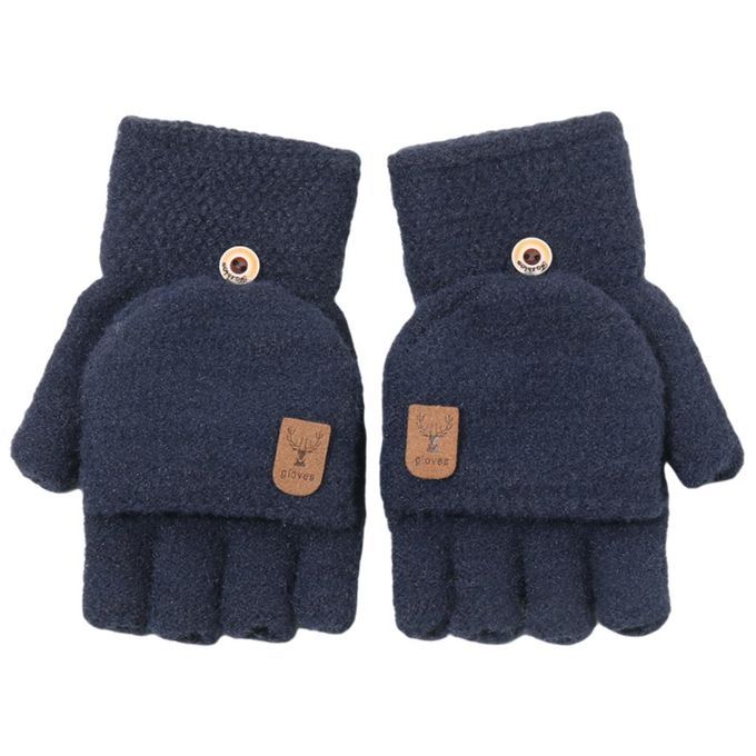 Winter Mittens Women Girl Knitting Flip Thick Warm Fingerless Blue
