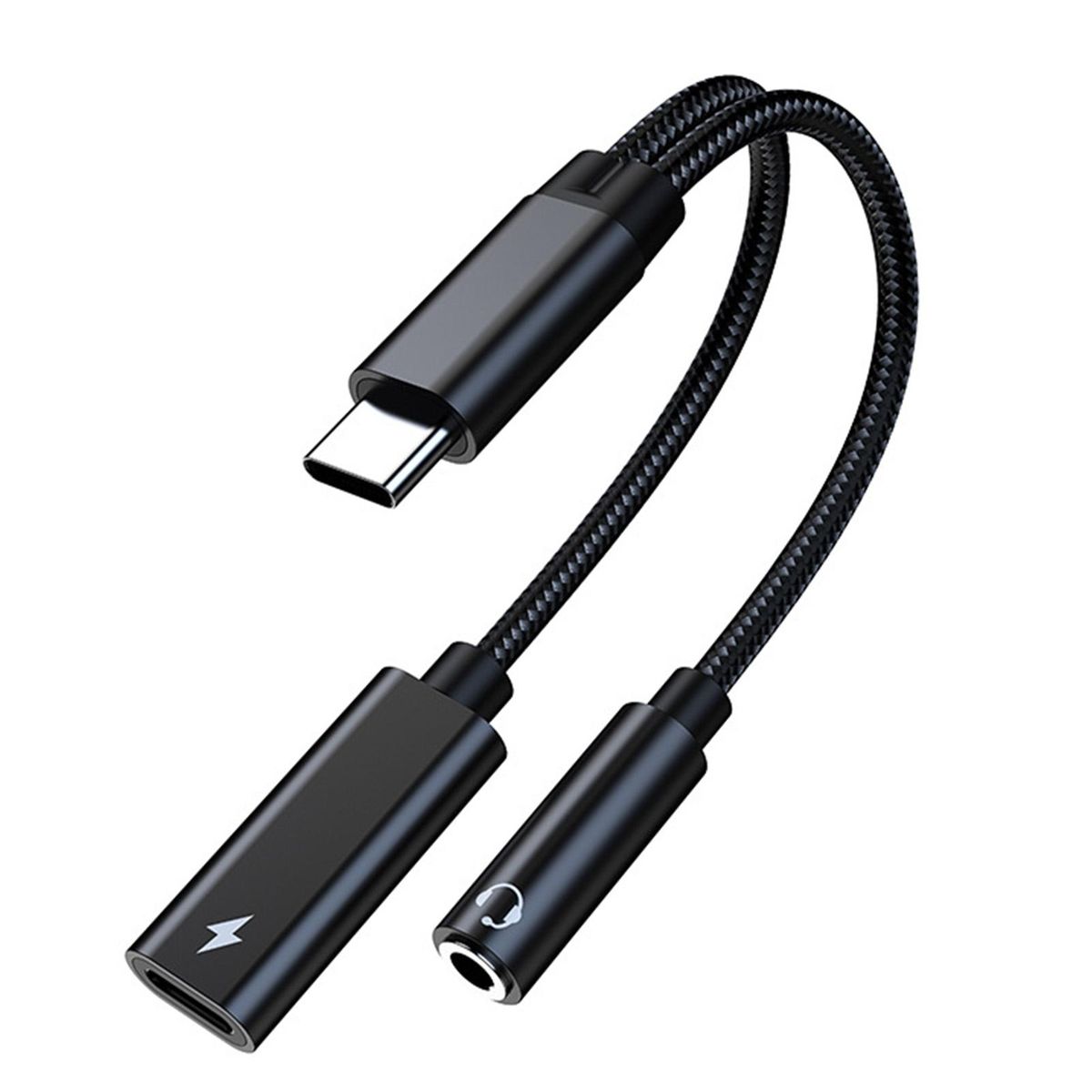 Adapter Cable 2 in 1 Type-C to 3.5mm PD60W Converter Cord Black